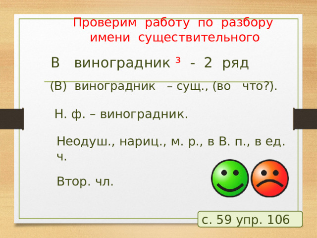 Проверим работу по разбору имени существительного В виноградник ³ - 2 ряд (В) виноградник – сущ., (во что?). Н. ф. – виноградник. Неодуш., нариц., м. р., в В. п., в ед. ч. Втор. чл. с. 59 упр. 106  
