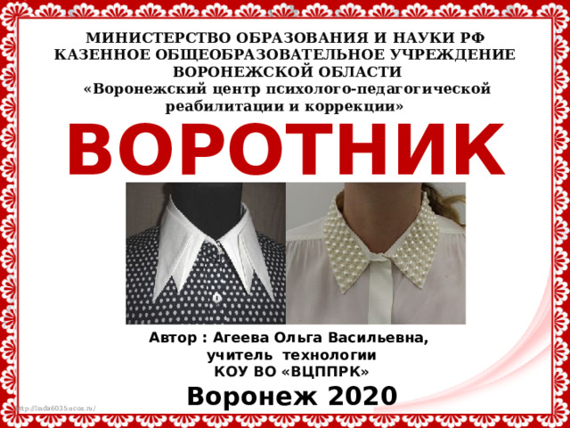 МИНИСТЕРСТВО ОБРАЗОВАНИЯ И НАУКИ РФ  КАЗЕННОЕ ОБЩЕОБРАЗОВАТЕЛЬНОЕ УЧРЕЖДЕНИЕ  ВОРОНЕЖСКОЙ ОБЛАСТИ  «Воронежский центр психолого-педагогической реабилитации и коррекции»    ВОРОТНИКИ  Автор : Агеева Ольга Васильевна, учитель технологии КОУ ВО «ВЦППРК» Воронеж 2020 