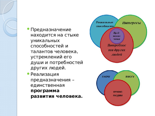 Предназначение находится на стыке уникальных способностей и талантов человека, устремлений его души и потребностей других людей. Реализация предназначения – единственная программа развития человека. 