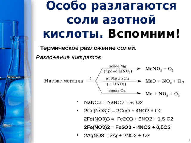 Особо разлагаются соли азотной кислоты. Вспомним! 