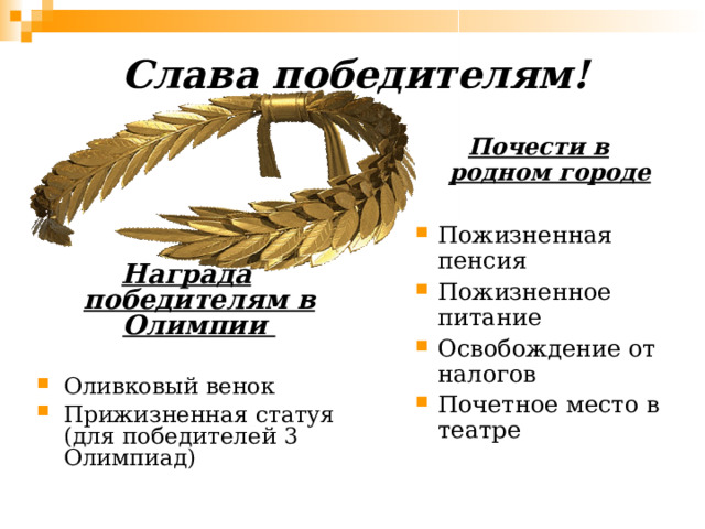 Слава победителям! Почести в родном городе  Пожизненная пенсия Пожизненное питание Освобождение от налогов Почетное место в театре Награда победителям в Олимпии  Оливковый венок Прижизненная статуя (для победителей 3 Олимпиад) 