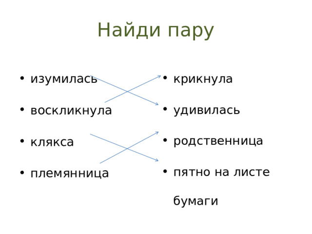 Найди пару изумилась воскликнула клякса племянница крикнула удивилась родственница пятно на листе бумаги 