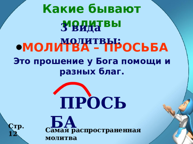 Какие бывают молитвы 3 вида молитвы: МОЛИТВА – ПРОСЬБА Это прошение у Бога помощи и разных благ. ПРОСЬБА Стр. 12 Самая распространенная молитва 