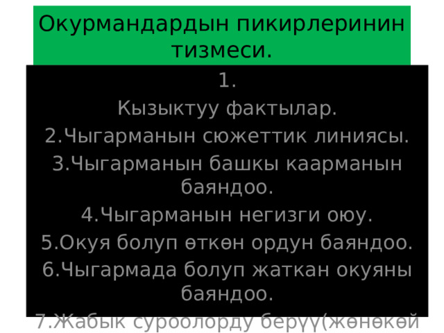 Окурмандардын пикирлеринин  тизмеси. 1. Кызыктуу фактылар. 2.Чыгарманын сюжеттик линиясы. 3.Чыгарманын башкы каарманын баяндоо. 4.Чыгарманын негизги оюу. 5.Окуя болуп өткөн ордун баяндоо. 6.Чыгармада болуп жаткан окуяны баяндоо. 7.Жабык суроолорду берүү(жөнөкөй жоопторду берүү. 