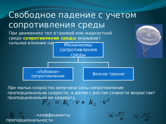 Свободное падение с учетом сопротивления среды При движениях тел в газовой или жидкостной среде сопротивление среды оказывает сильное влияние на характер движения. Механизмы сопротивления среды «Лобовое» сопротивление Вязкое трение При малых скоростях величина силы сопротивления пропорциональна скорости, а далее с ростом скорости возрастает пропорционально ее квадрату.  и - коэффициенты пропорциональности 