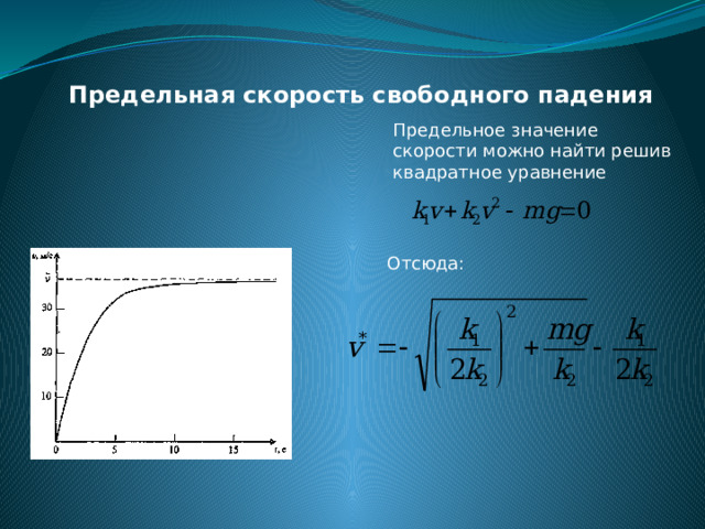 Предельная скорость свободного падения Предельное значение скорости можно найти решив квадратное уравнение Отсюда: 