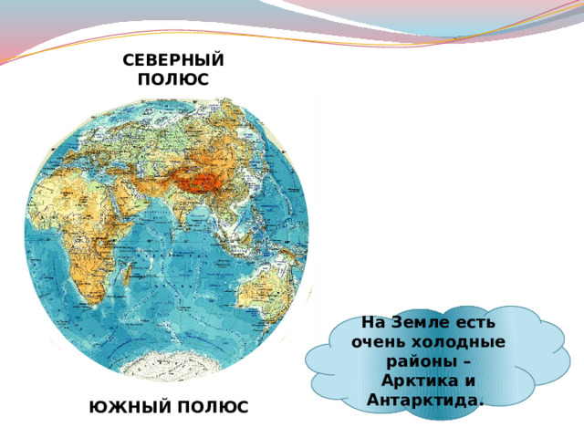 СЕВЕРНЫЙ ПОЛЮС На Земле есть очень холодные районы –Арктика и Антарктида. ЮЖНЫЙ ПОЛЮС 