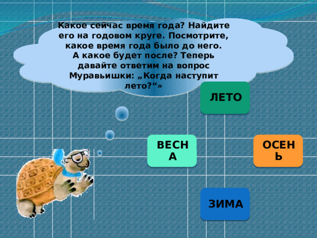 Какое сейчас время года? Найдите его на годовом круге. Посмотрите, какое время года было до него. А какое будет после? Теперь давайте ответим на вопрос Муравьишки: „Когда наступит лето?“» ЛЕТО ОСЕНЬ ВЕСНА ЗИМА 