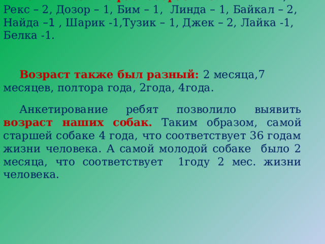 Клички самые разнообразные : Мишка – 1, Рекс – 2, Дозор – 1, Бим – 1, Линда – 1, Байкал – 2, Найда –1 , Шарик -1,Тузик – 1, Джек – 2, Лайка -1, Белка -1. Возраст также был разный: 2 месяца,7 месяцев, полтора года, 2года, 4года. Анкетирование ребят позволило выявить возраст наших собак. Таким образом, самой старшей собаке 4 года, что соответствует 36 годам жизни человека. А самой молодой собаке было 2 месяца, что соответствует 1году 2 мес. жизни человека. 