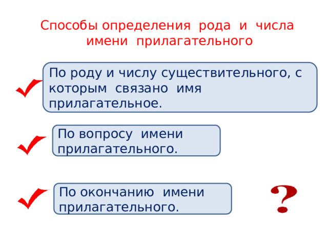 Способы определения рода и числа имени прилагательного По роду и числу существительного, с которым связано имя прилагательное. По вопросу имени прилагательного. По окончанию имени прилагательного. 