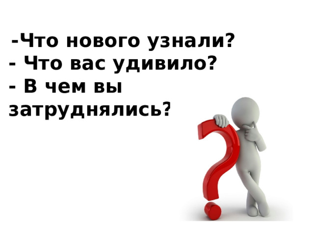   -Что нового узнали? - Что вас удивило? - В чем вы затруднялись? 