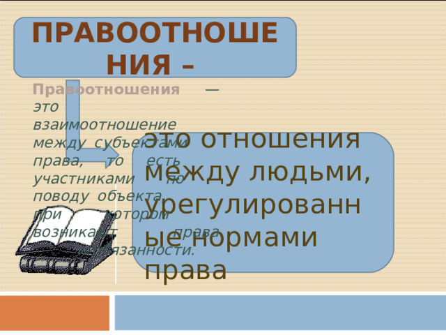ПРАВООТНОШЕНИЯ – Правоотношения  — это  взаимоотношение  между субъектами  права, то есть  участниками по  поводу объекта,  при  котором  возникают  права  и обязанности. это отношения между людьми, урегулированные нормами права 