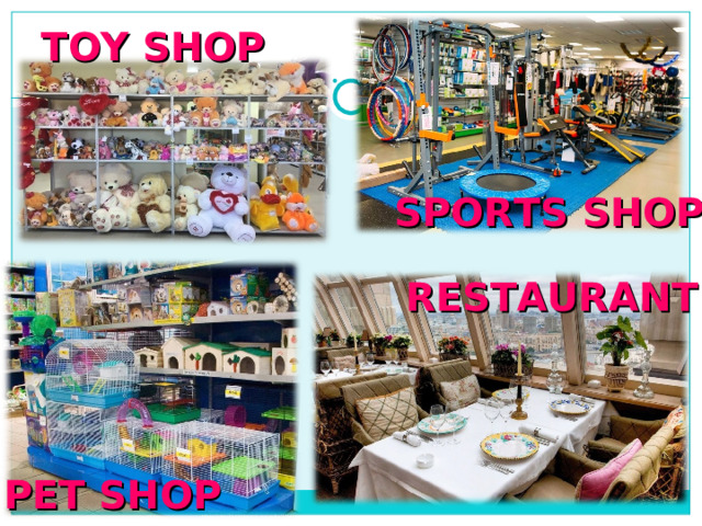 TOY SHOP SPORTS SHOP RESTAURANT PET SHOP 
