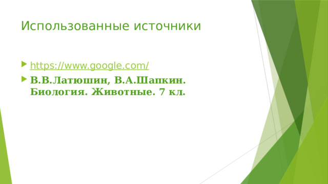 Использованные источники https://www.google.com/ В.В.Латюшин, В.А.Шапкин. Биология. Животные. 7 кл. 
