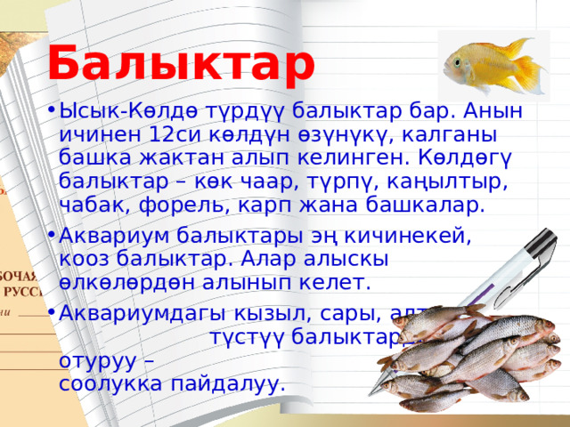 Балыктар Ысык-Көлдө түрдүү балыктар бар. Анын ичинен 12си көлдүн өзү­нүкү, калганы башка жактан алып келинген. Көлдөгү балыктар – көк чаар, түрпү, каңылтыр, чабак, форель, карп жана башкалар. Аквариум балыктары эң кичинекей, кооз балыктар. Алар алыскы өлкөлөрдөн алынып келет. Аквариумдагы кызыл, сары, алтын түстүү балыктарды карап оту­руу – ден соолукка пайдалуу. 