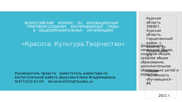 Курская область 306827, Курская область, Горшеченский район, с. Болото, ул. Раздольная, д.1 ВСЕРОССИЙСКИЙ КОНКУРС ПО ИННОВАЦИОННЫМ ПРАКТИКАМ СОЗДАНИЯ ВОСПИТЫВАЮЩЕЙ СРЕДЫ  В ОБЩЕОБРАЗОВАТЕЛЬНЫХ ОРГАНИЗАЦИЯХ «Красота. Культура.Творчество» Дошкольное, начальное общее, основное общее, среднее общее образование, дополнительное образования детей и взрослых. Общая численность обучающихся -86  2021 г. Руководитель проекта: заместитель директора по воспитательной работе Дерусова Елена Владимировна 8(47133)3-43-69 derusova2010@Yandex.ru 