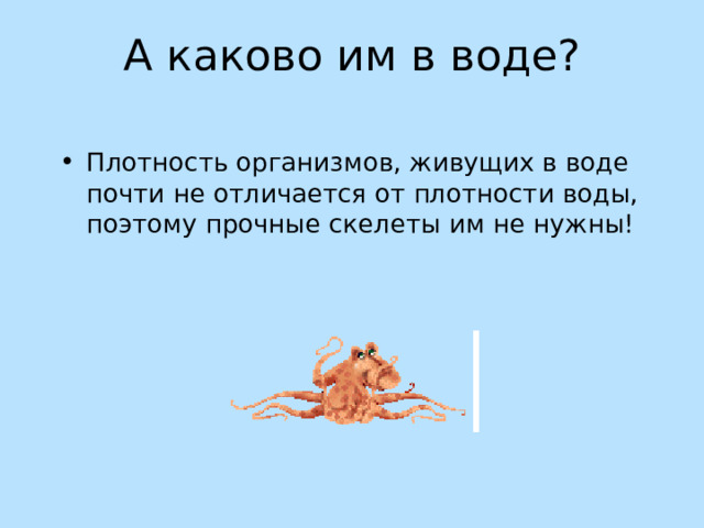 А каково им в воде? Плотность организмов, живущих в воде почти не отличается от плотности воды, поэтому прочные скелеты им не нужны! 