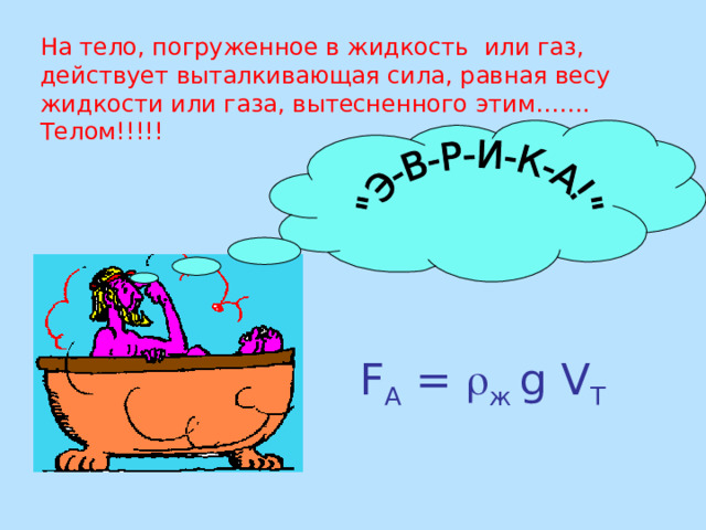 На тело, погруженное в жидкость или газ, действует выталкивающая сила, равная весу жидкости или газа, вытесненного этим……. Телом!!!!! F А =  ж g  V Т 