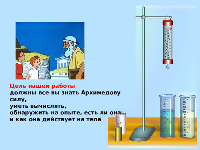 Цель нашей работы  должны все вы знать  Архимедову силу, уметь вычислять, обнаружить на опыте, есть ли она… и как она действует на тела 