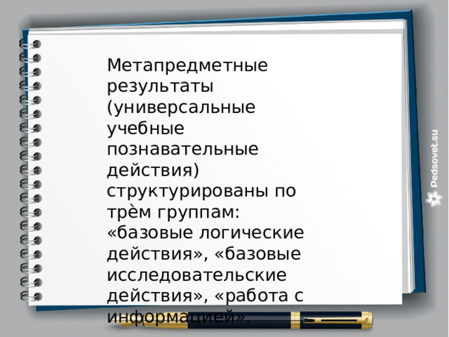Метапредметные результаты (универсальные учебные познавательные действия) структурированы по трѐм группам: «базовые логические действия», «базовые исследовательские действия», «работа с информацией». 