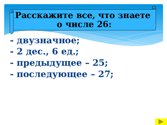 Расскажите все, что знаете о числе 26: - двузначное; - 2 дес., 6 ед.; - предыдущее – 25; - последующее – 27;  
