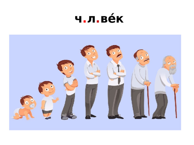  ч . л . ве́к  Утром — на четырех ногах,  В полдень — на двух,  Вечером — на трех. 