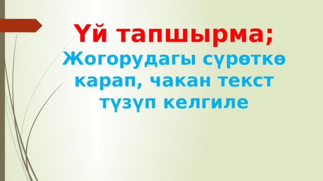 Үй тапшырма;  Жогорудагы сүрөткө карап, чакан текст түзүп келгиле 