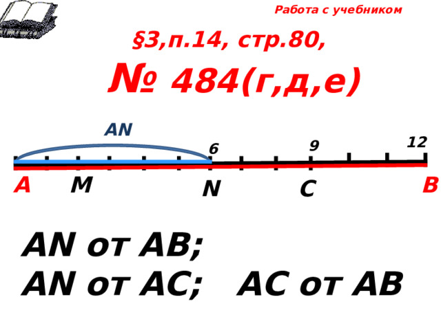 Работа с учебником §3,п.14, стр.80, № 484(г,д,е) А N 12 9 6 В М А С N А N от АВ; А N от АС; А C от A В 