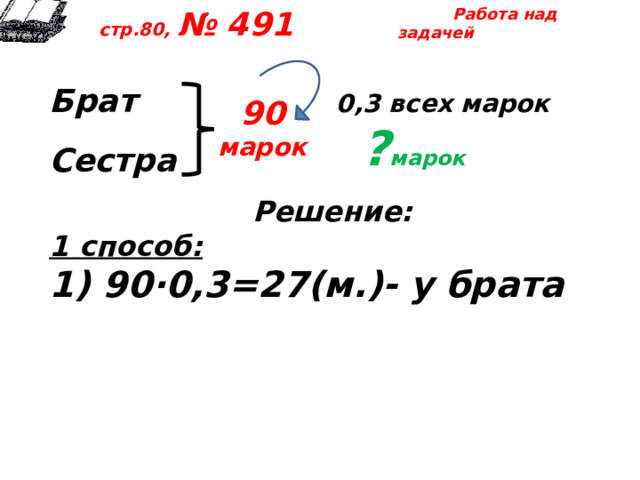  Работа над задачей  стр.80, № 491  Брат 0,3 всех марок  Сестра   Решение: 1 способ: 1) 90·0,3=27(м.)- у брата 90 марок ? марок 