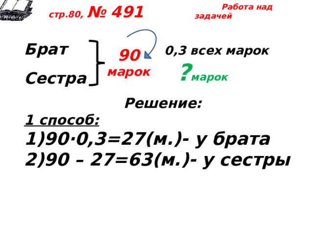  Работа над задачей  стр.80, № 491  Брат 0,3 всех марок  Сестра   Решение: 1 способ: 90·0,3=27(м.)- у брата 90 – 27=63(м.)- у сестры 90 марок ? марок 