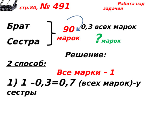  Работа над задачей  стр.80, № 491  Брат 0,3 всех марок  Сестра   Решение: 2 способ: Все марки – 1 1) 1 –0,3=0,7 (всех марок)-у сестры  90 марок ? марок 