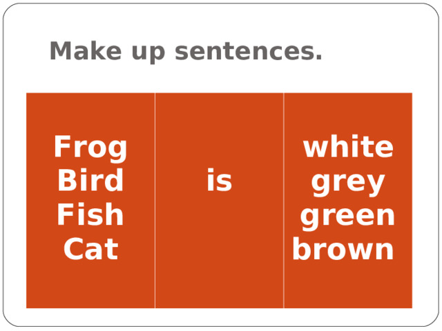 Make up sentences.  Frog Bird Fish Cat    is  white grey green brown 