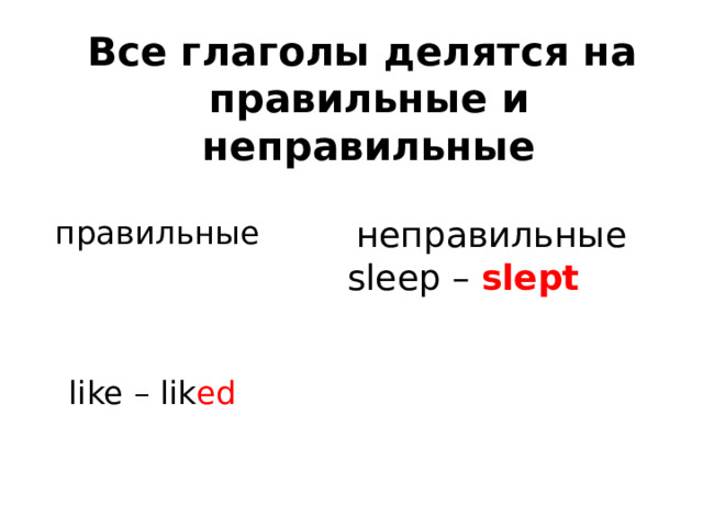 Все глаголы делятся на  правильные и неправильные   неправильные sleep – slept  правильные like – lik ed 