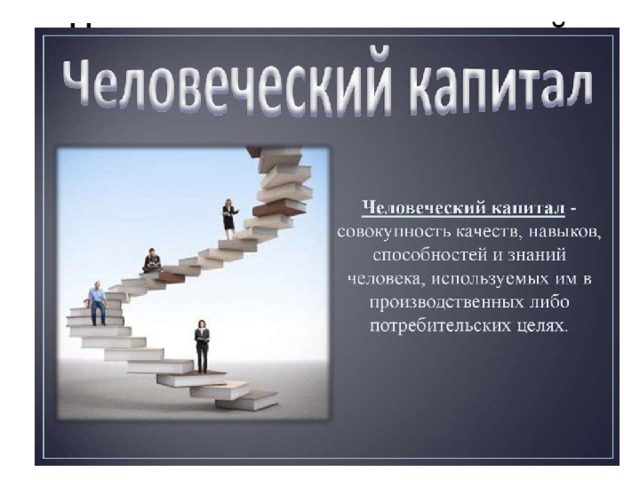 Что такое человеческий капитал? Человеческий капитал- это интеллект, здоровье, природные таланты и способности каждого человека и всего населения страны. Человеческим капиталом могут быть любые индивидуальные качества, которые можно использовать, чтобы добиться успеха. 