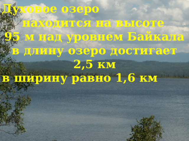 Духовое озеро  находится на высоте 95 м над уровнем Байкала в длину озерo достигает 2,5 км в ширину равно 1,6 км 