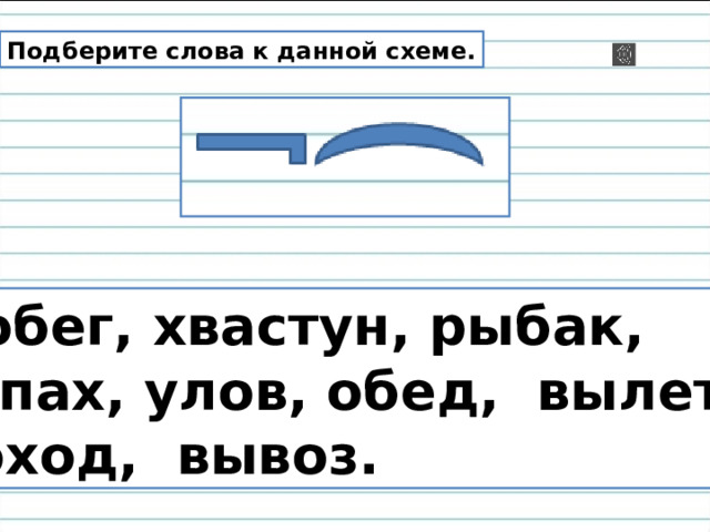 Подберите слова к данной схеме. Побег, хвастун, рыбак, запах, улов, обед, вылет, поход, вывоз. 