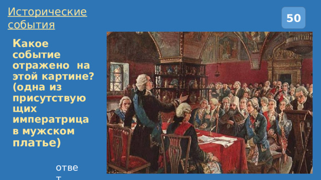 Исторические события 50 К акое событие отражено на этой картине?  (одна из присутствующих императрица в мужском платье) ответ 