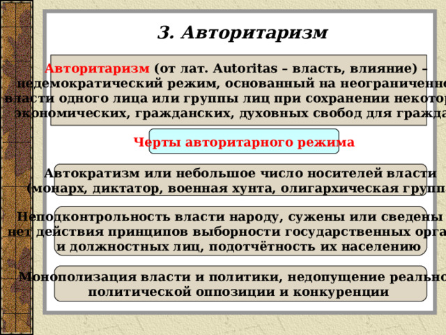 3. Авторитаризм Авторитаризм (от лат. Autoritas – власть, влияние) – недемократический режим, основанный на неограниченной власти одного лица или группы лиц при сохранении некоторых экономических, гражданских, духовных свобод для граждан. Черты авторитарного режима Автократизм или небольшое число носителей власти  (монарх, диктатор, военная хунта, олигархическая группа) Неподконтрольность власти народу, сужены или сведены на  нет действия принципов выборности государственных органов и должностных лиц, подотчётность их населению  Монополизация власти и политики, недопущение реальной политической оппозиции и конкуренции  