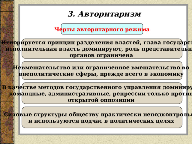 3. Авторитаризм Черты авторитарного режима Игнорируется принцип разделения властей, глава государства,  исполнительная власть доминируют, роль представительных органов ограничена  Невмешательство или ограниченное вмешательство во внеполитические сферы, прежде всего в экономику  В качестве методов государственного управления доминируют командные, административные, репрессии только против открытой оппозиции Силовые структуры обществу практически неподконтрольны и используются подчас в политических целях  