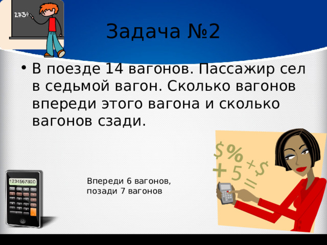 Задача №2 В поезде 14 вагонов. Пассажир сел в седьмой вагон. Сколько вагонов впереди этого вагона и сколько вагонов сзади. Впереди 6 вагонов, позади 7 вагонов 