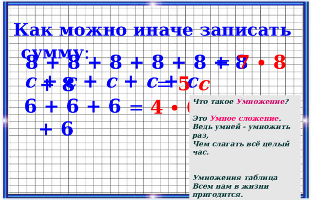  Как можно иначе записать сумму : 8 + 8 + 8 + 8 + 8 + 8 + 8 = 7 ∙ 8 с + с + с + с + с = 5 с 6 + 6 + 6 + 6 = 4 ∙ 6 Что такое Умножение ? Это Умное сложение . Ведь умней - умножить раз, Чем слагать всё целый час.  Умножения таблица Всем нам в жизни пригодится. И недаром названа УМНО жением она!  А.Усаче в  