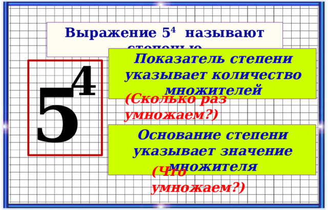 Выражение 5 4 называют степенью Показатель степени указывает количество множителей 4 5 (Сколько раз умножаем?) Основание степени указывает значение множителя (Что умножаем?)  