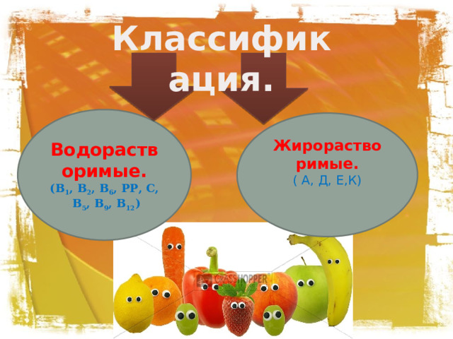 Классификация. Водорастворимые. (В 1 , В 2 , В 6 , РР, С,  В 5 , В 9 , В 12 ) Жирорастворимые. ( А, Д, Е,К) 