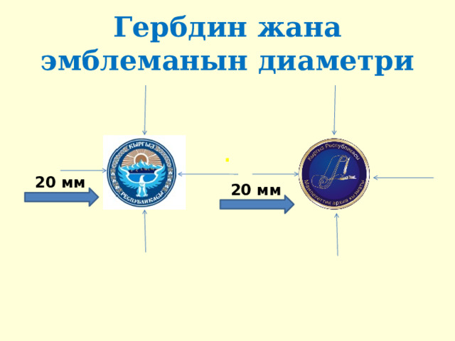 Гербдин жана эмблеманын диаметри . 20 мм 20 мм 