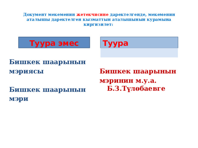  Документ мекеменин жетекчисине даректелгенде, мекеменин аталышы даректелген кызматтын аталышынын курамына киргизилет:    Туура эмес Туура  Бишкек шаарынын мэринин м.у.а. Б.З.Түлөбаевге Бишкек шаарынын мэриясы  Бишкек шаарынын мэри 