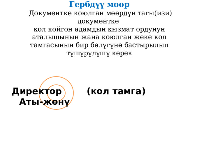 Гербдүү мөөр  Документке коюлган мөөрдүн тагы(изи) документке  кол койгон адамдын кызмат ордунун аталышынын жана коюлган жеке кол тамгасынын бир бөлүгүнө бастырылып түшүрүлүшү керек   Директор (кол тамга) Аты-жөнү 