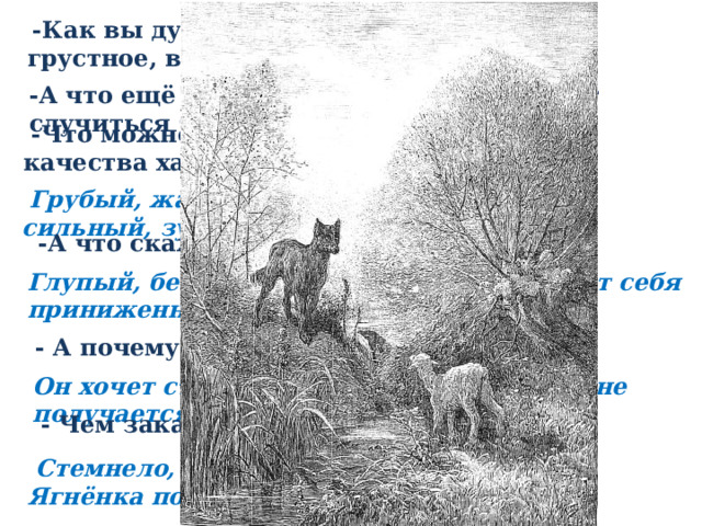  -Как вы думаете, какое начало у басни: грустное, весёлое, тревожное? -А что ещё нам подсказывает, что может случиться беда?  -Что можно сказать о волке? Назовите качества характера волка.  Грубый, жадный, злой, трусливый, хам, сильный, зубастый. -А что скажете о Ягнёнке? Глупый, беспомощный, заискивает, ведёт себя приниженно, лебезит, расшаркивается.  - А почему Волк злится? Он хочет съесть Ягнёнка, а у него сразу не получается.  - Чем заканчивается басня?  Стемнело, поэтому Волк в “тёмный лес Ягнёнка поволок”. 