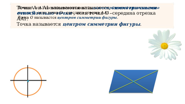 Точки А и А1 называются называется симметричными относительно точки ,  если точка О –середина отрезка АА1.   Точка называется центром симметрии фигуры . 