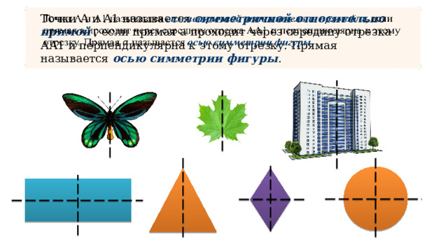   Точки А и А1 называется симметричной относительно прямой , если прямая а проходит через середину отрезка АА1 и перпендикулярна к этому отрезку. Прямая называется осью симметрии фигуры . 