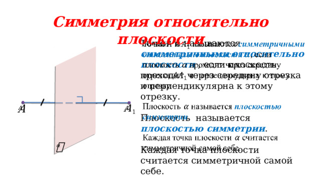 Симметрия относительно плоскости   Точки и называются симметричными относительно плоскости , если плоскость проходит через середину отрезка и перпендикулярна к этому отрезку. Плоскость называется плоскостью симметрии . Каждая точка плоскости считается симметричной самой себе.       